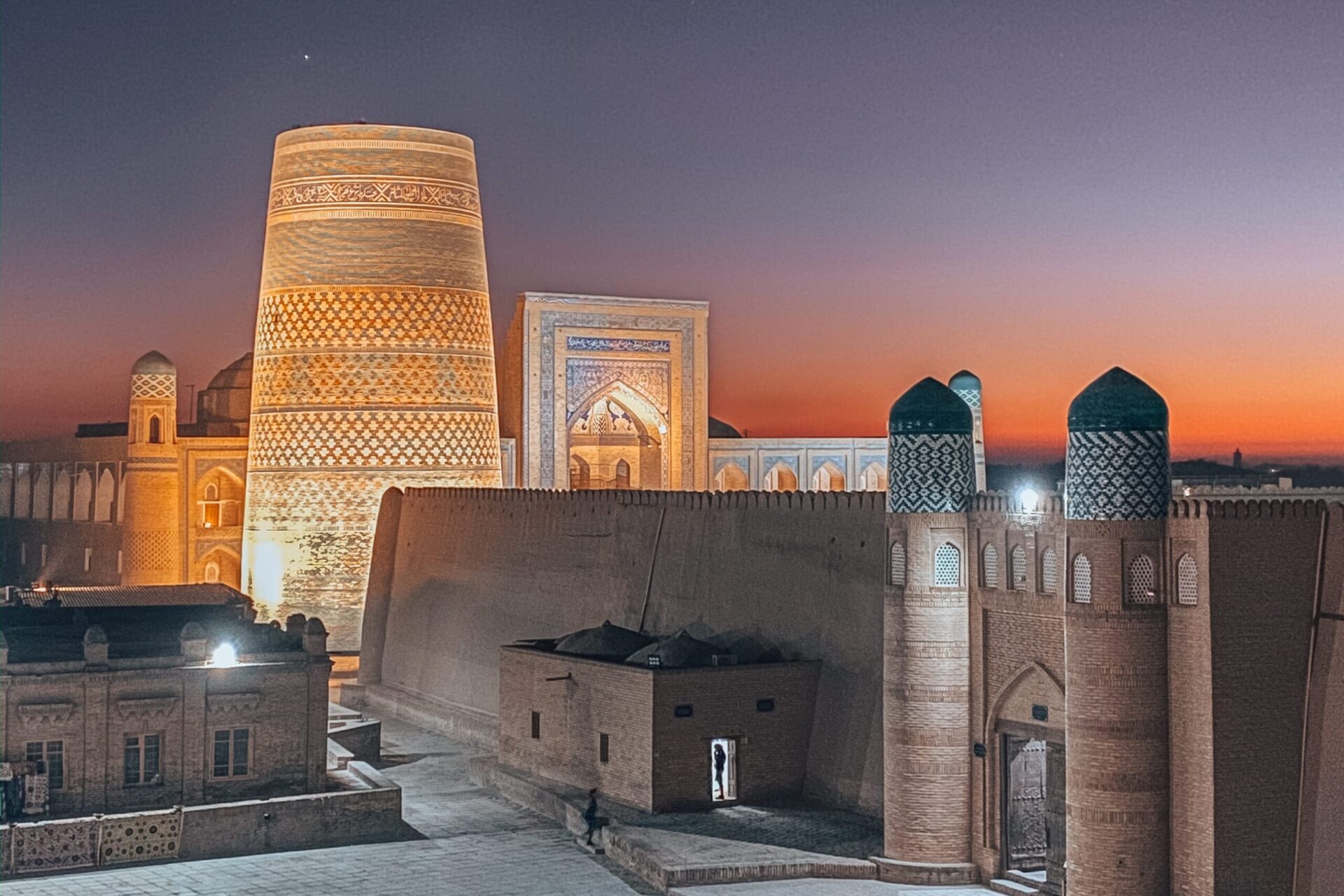 sunset from watchtower in khiva in uzbekistan