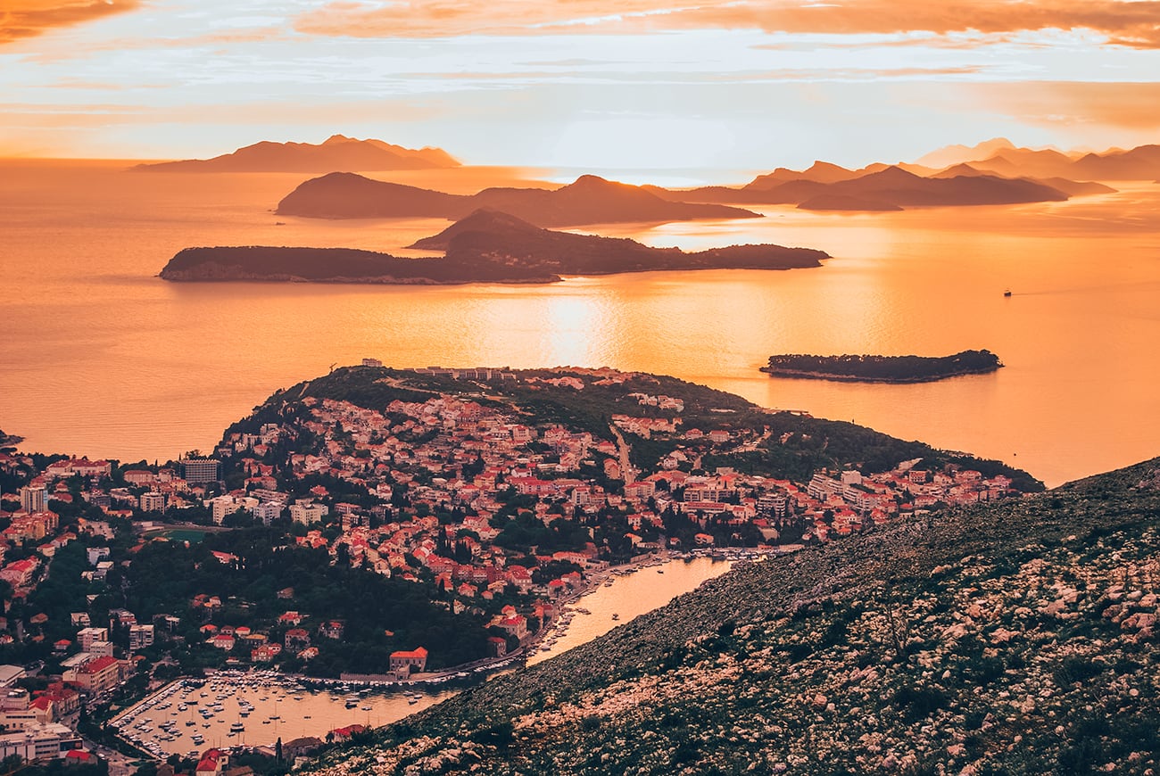 view of sunset over dubrovnik croatia from cable car