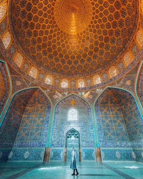 A Girl Walking Inside Sheikh Lotfollah Mosque in Isfahan, Iran