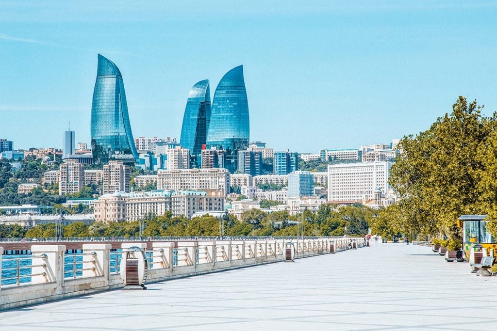 The View of the Flame Towers From Baku Boulevard in Baku, Azerbaijan