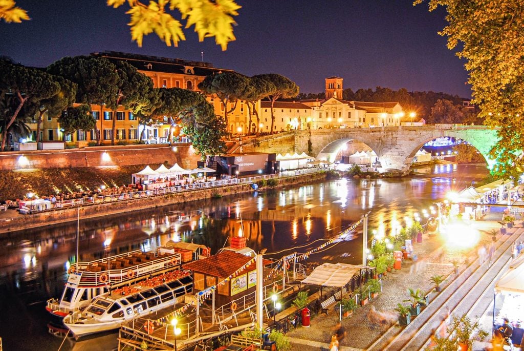 The Isola Tiberina in Rome, Italy at Night