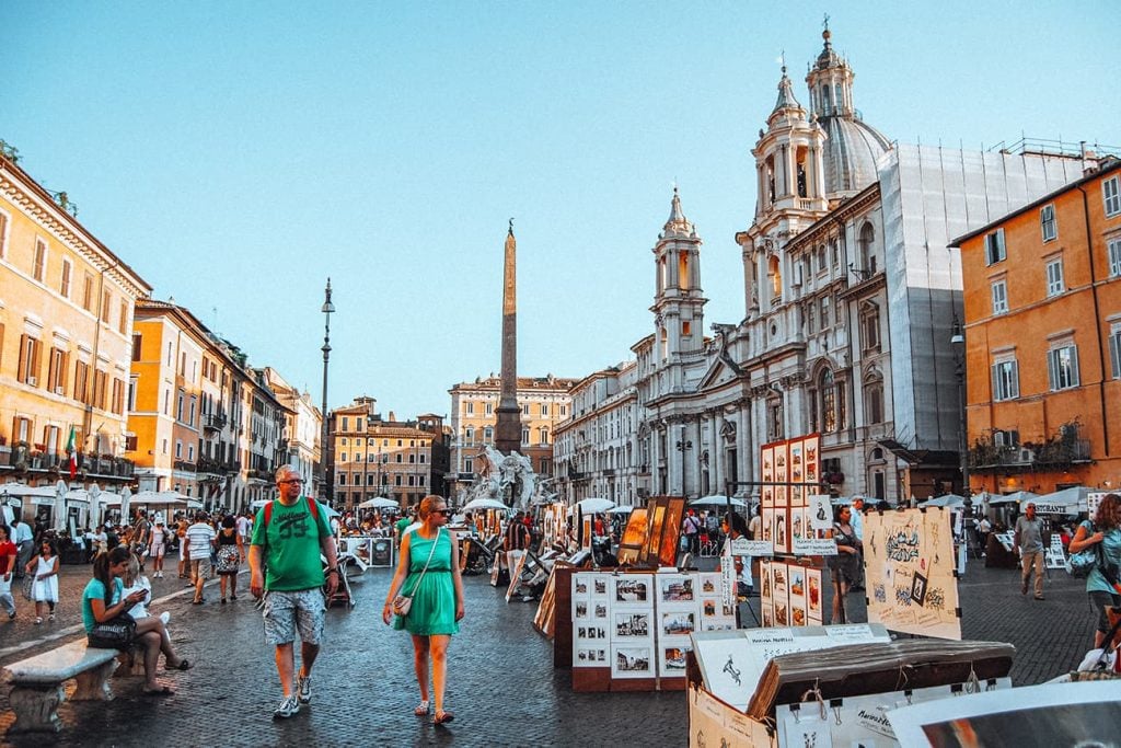 Tourists Walking Inside Piazza Navona in Rome, Italy