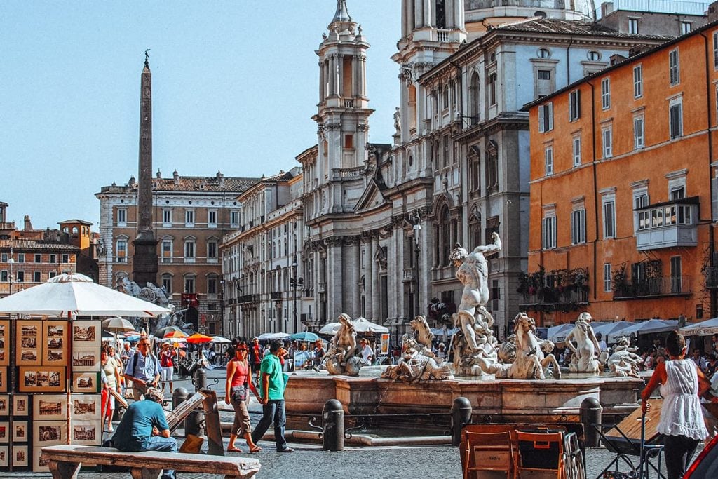 Statues and Fountains in Piazza Navona in Rome, Italy