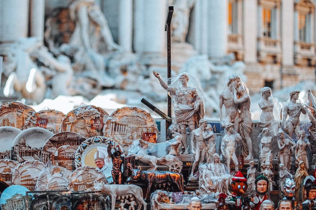 Souvenirs at the Trevi Fountain in Rome, Italy