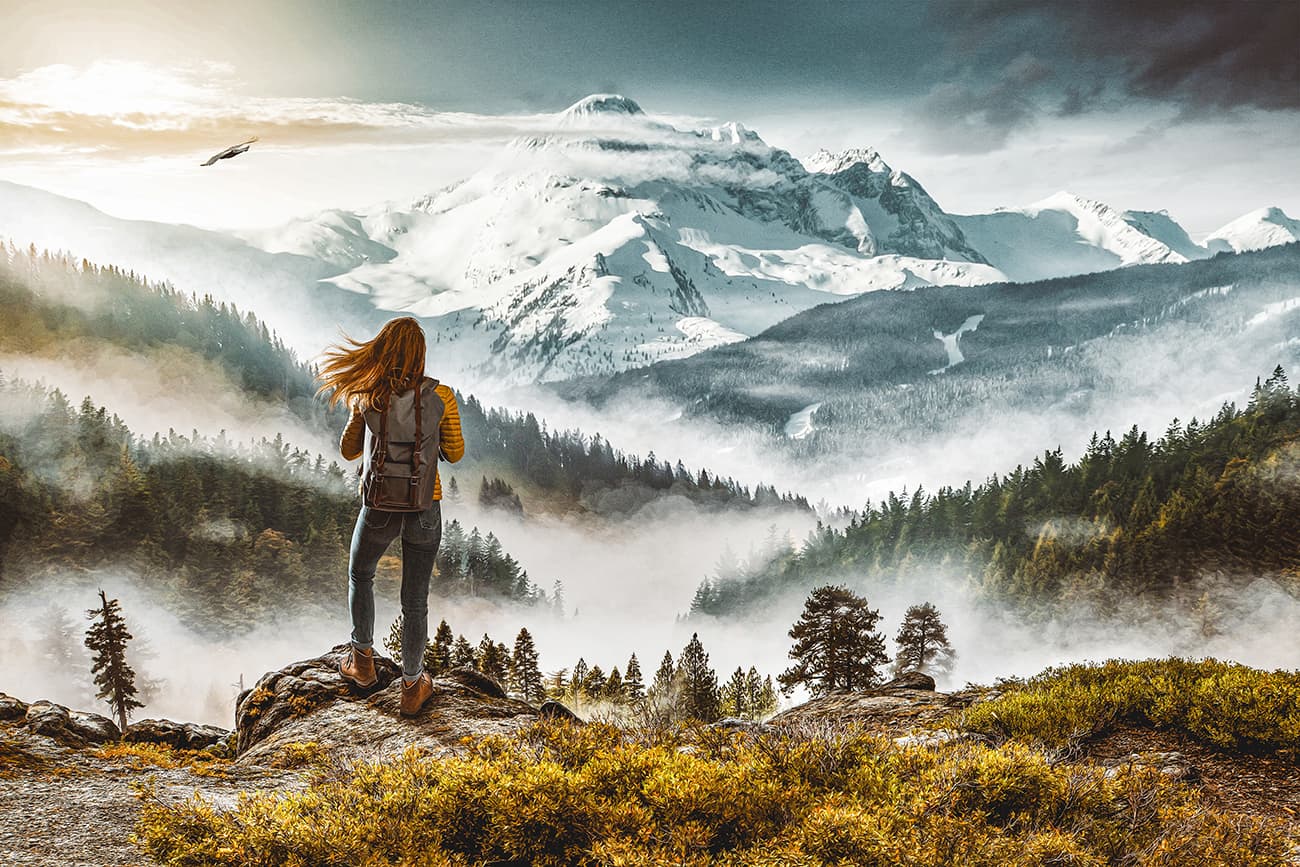 Hiking Inspirational Quotes With Girl Standing on a Mountain