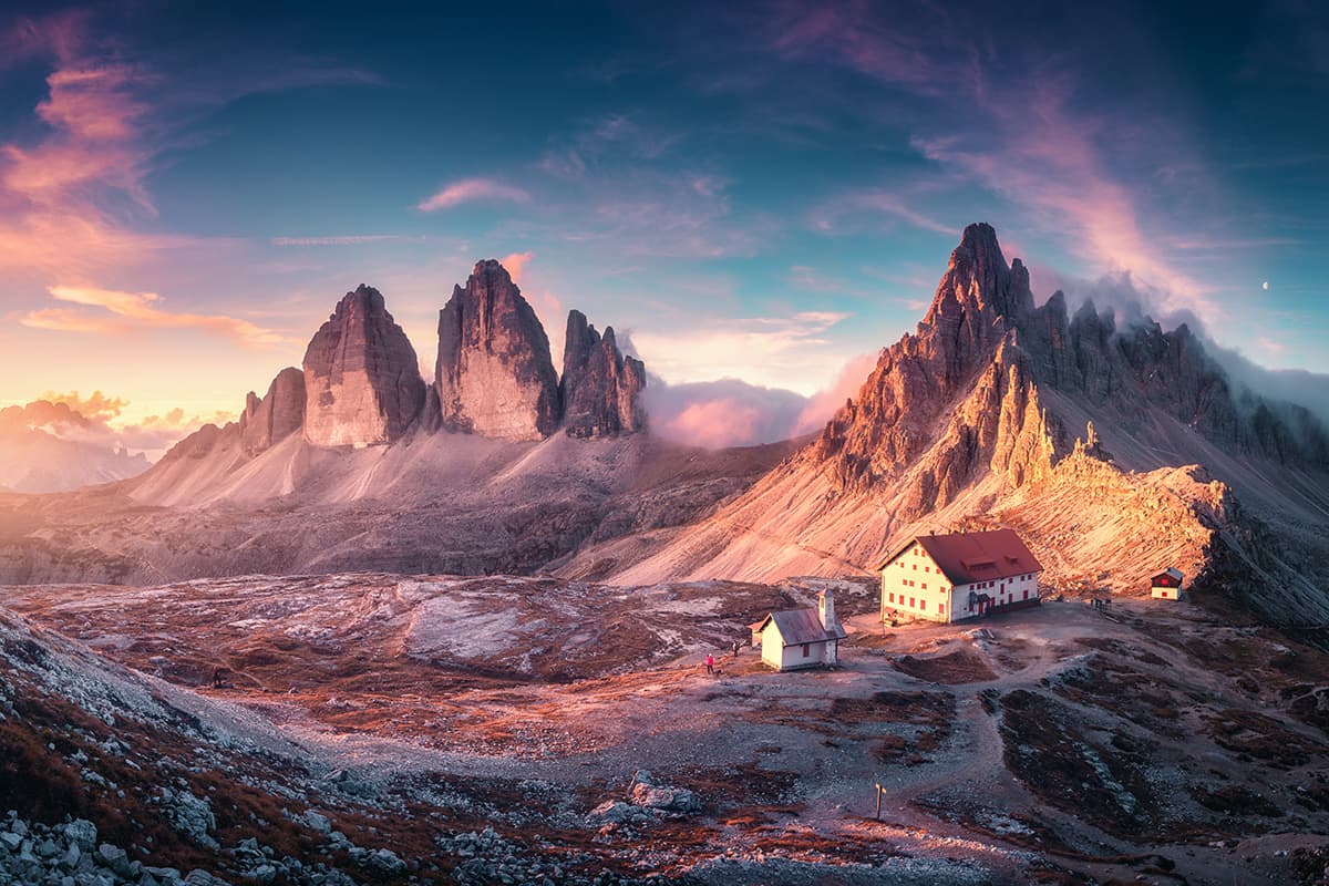 The Sun Setting Over a Mountain in the Dolomites, Italy