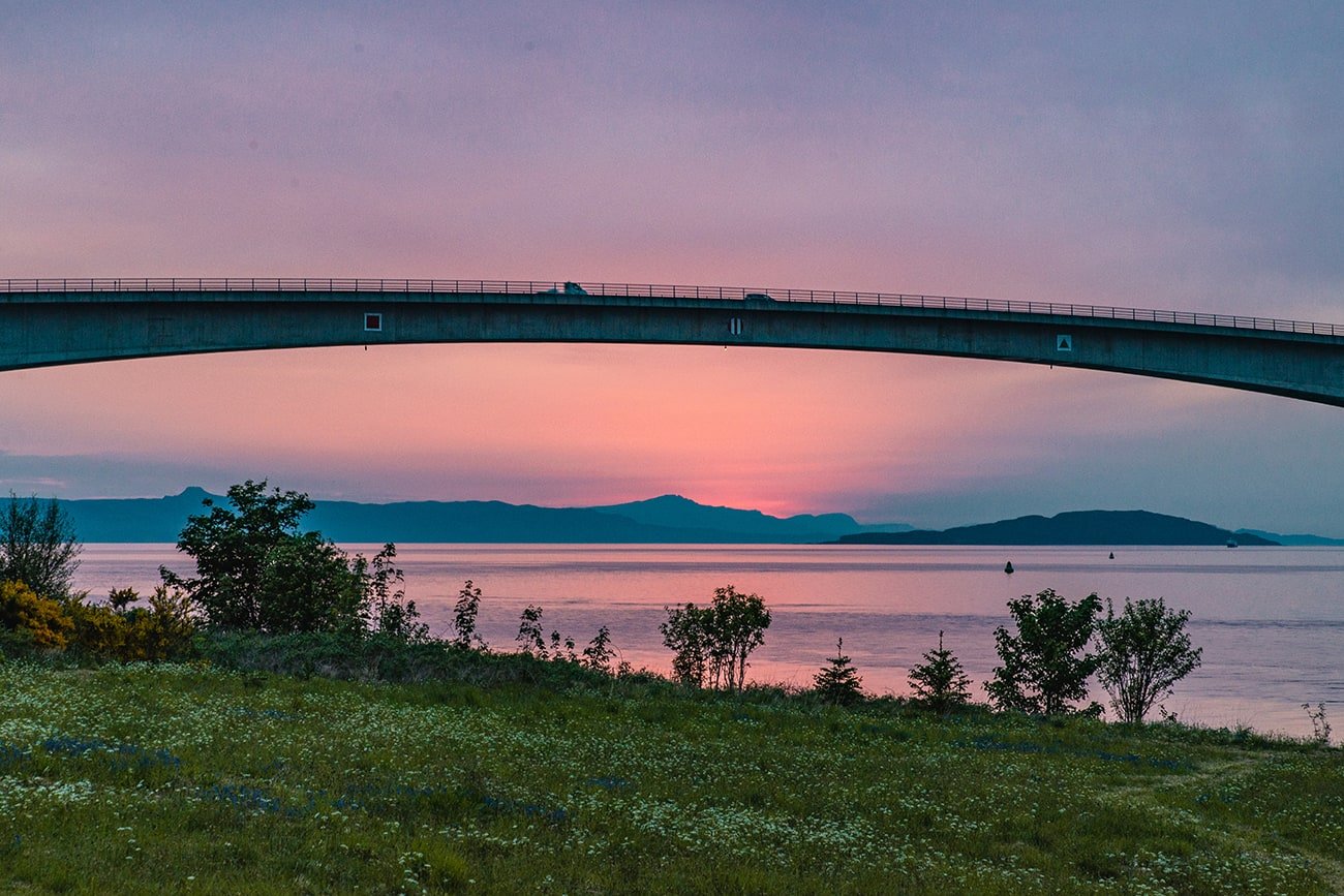 Sunset on Skye Bridge in Scotland
