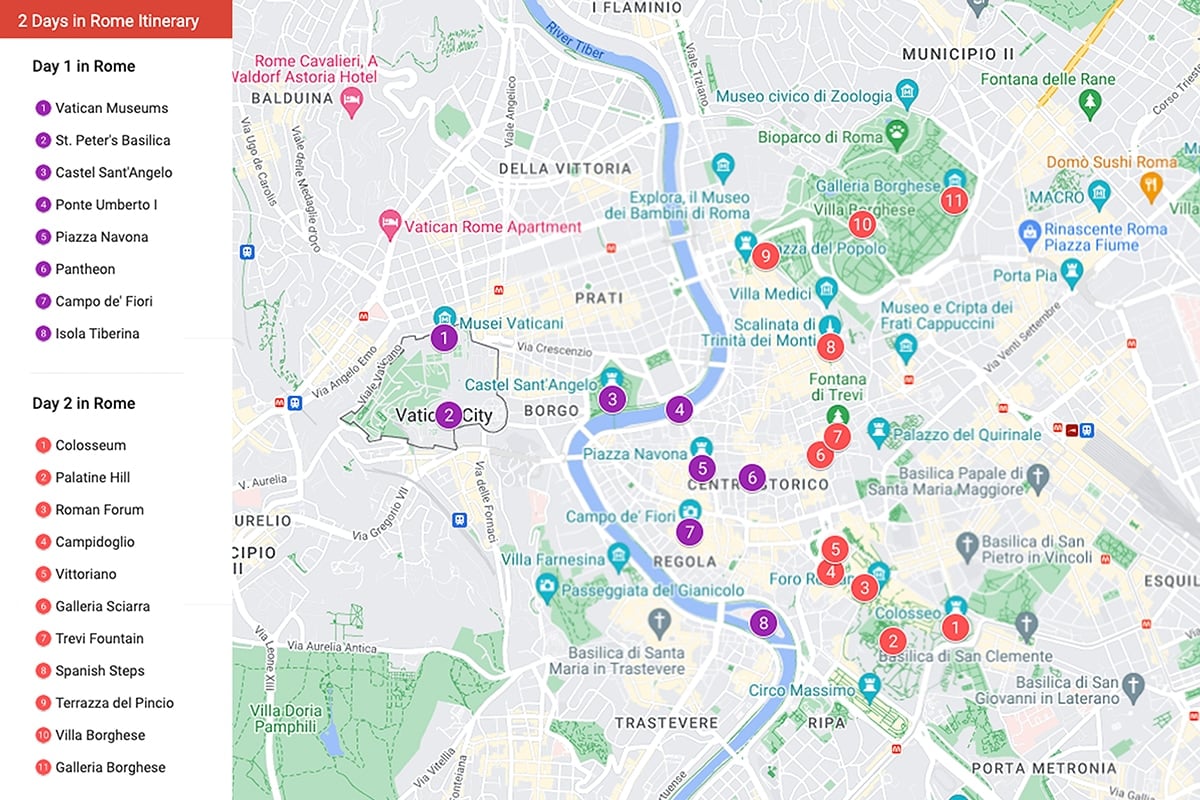 Map of 2 Day Rome Itinerary