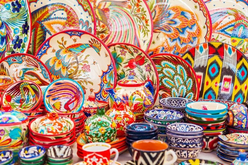 a group of colorful plates and bowls