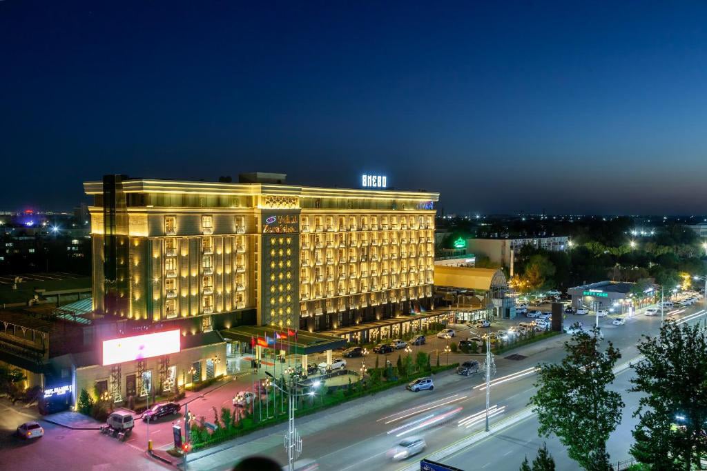 a building with lights on it